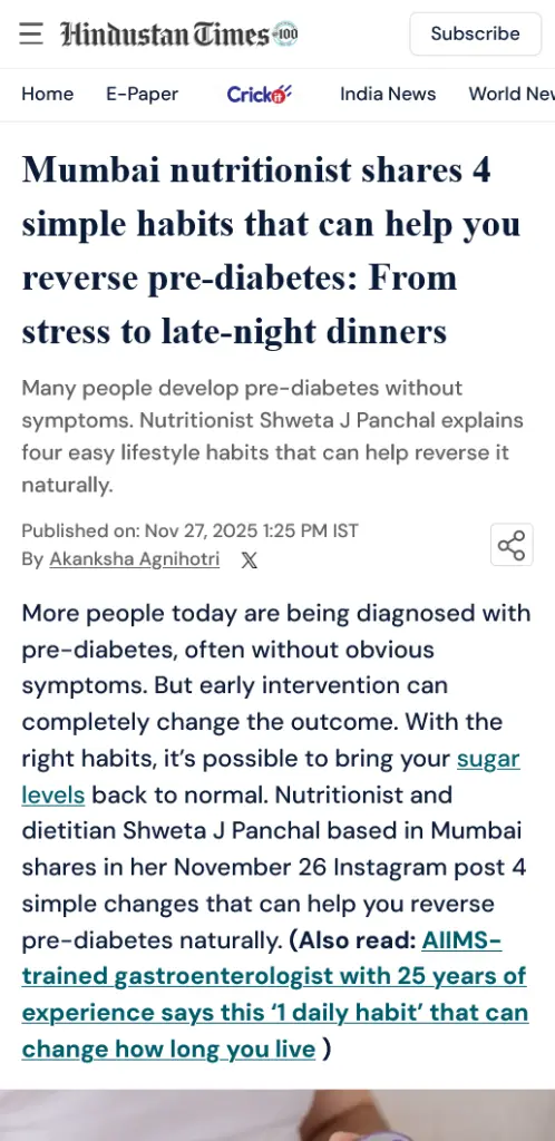 Article - Mumbai Nutritionist shares 4 Simple Habits for Pre diabetics